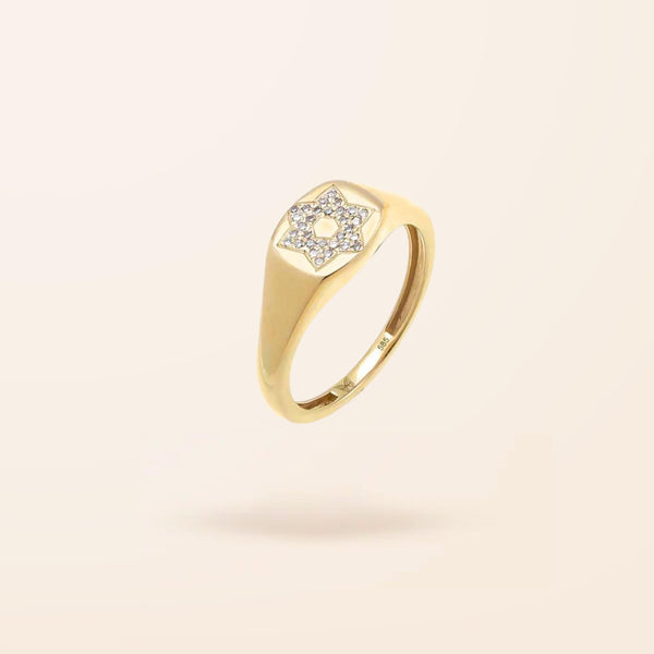 14K Gold Diamond Star of David Pinky Signet Ring