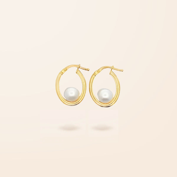 14K Gold Floating Pearl Hoop Earrings