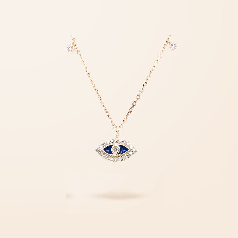 14K Gold Diamond Dark Blue Enamel Evil Eye Necklace