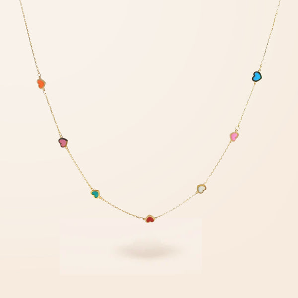 14K Gold Rainbow Enamel Heart Necklace