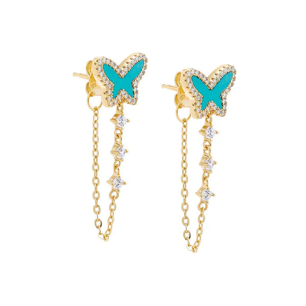 Sterling Silver Gold Plated Butterfly Drop Turquoise CZ Earrings