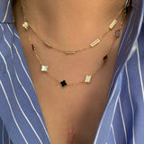 14K Gold Onyx and Mother of Pearl Clover Necklace