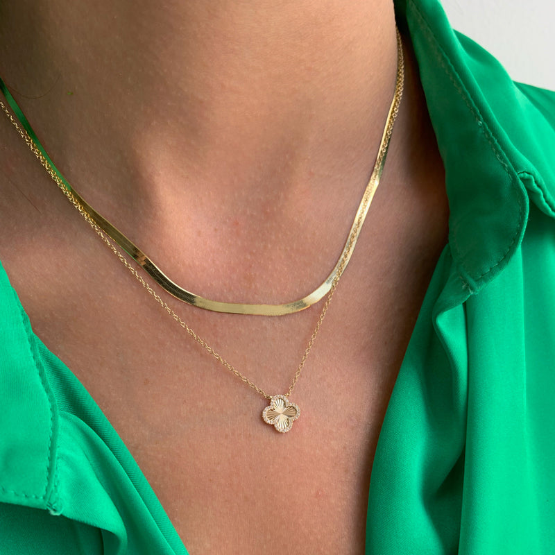 14K Gold Fluted Diamond Clover Necklace