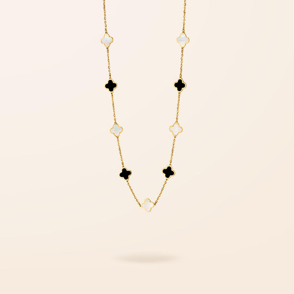 14K Gold Onyx and Mother of Pearl Clover Necklace