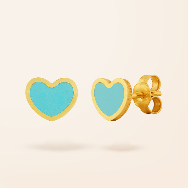 14K Gold Turquoise Inlay Heart Stud Earrings