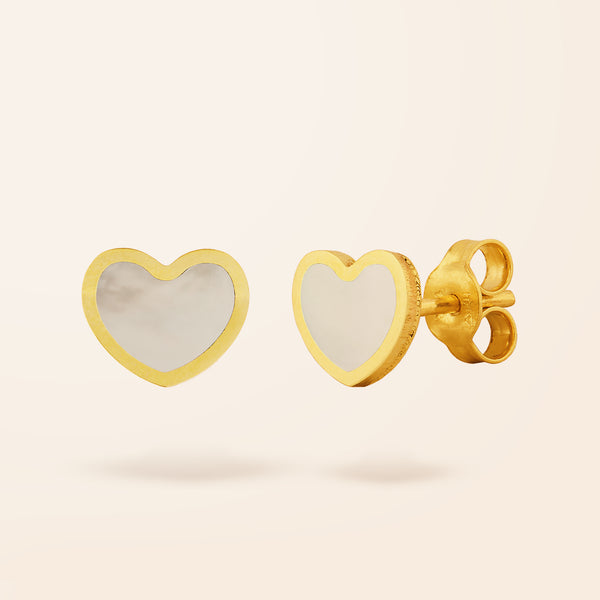 14K Gold Mother of Pearl Inlay Heart Stud Earrings