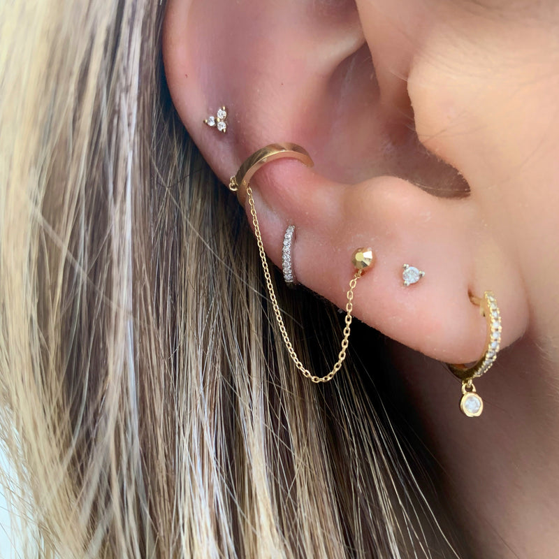 14K Gold Ear Cuff with Stud Chain Earring