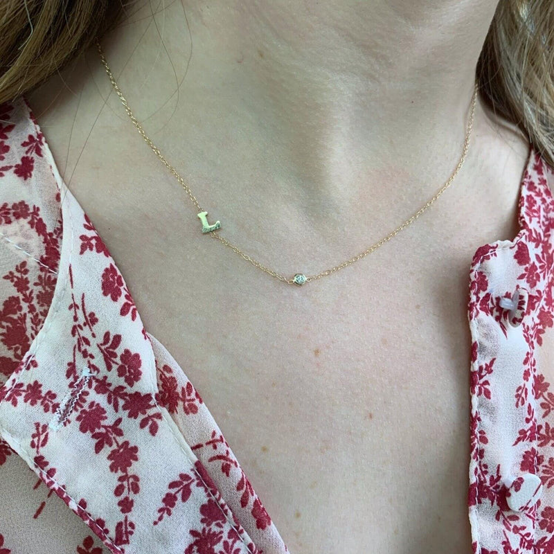 14K Gold One Initial and Birthstone Necklace