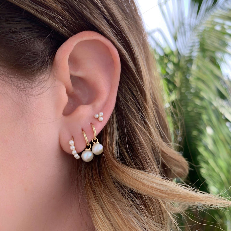 10K Gold Huggie Earrings with Pearl Charm Drop