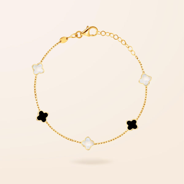 14K Gold Onyx and Mother of Pearl Clover Bracelet